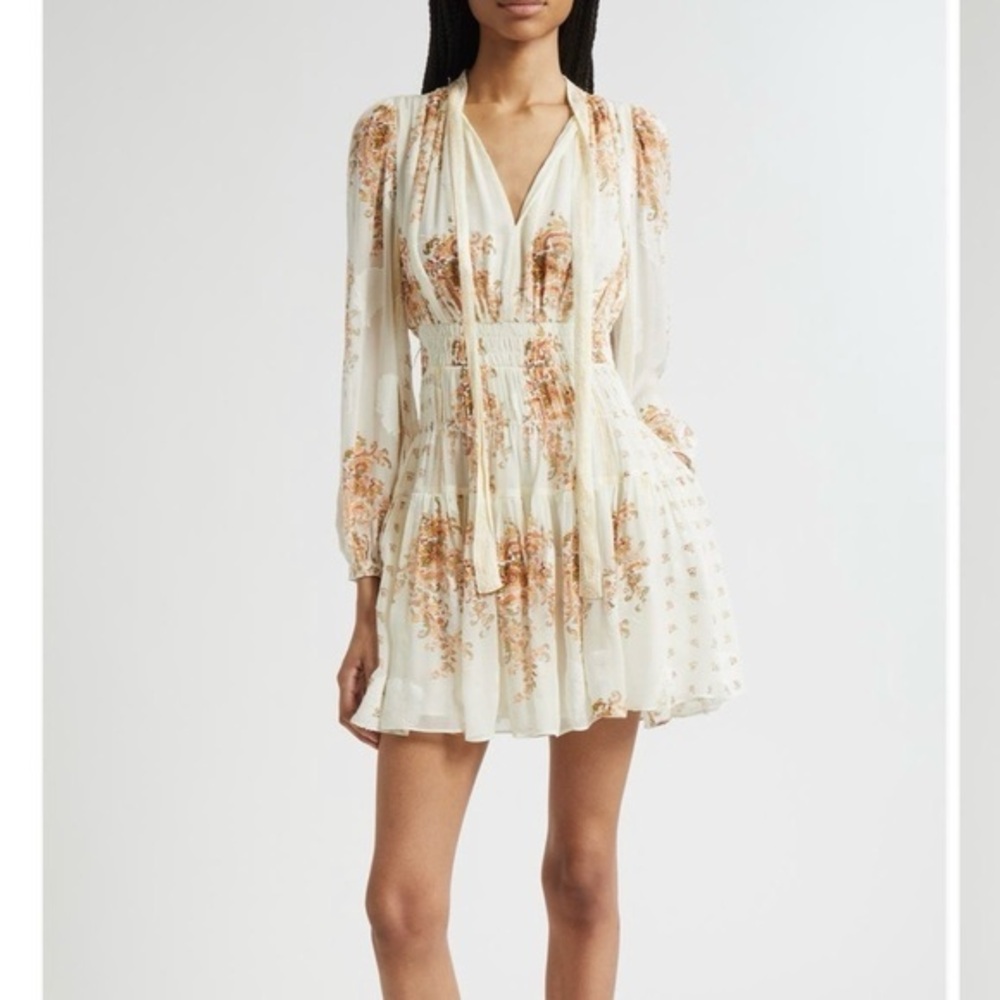 Ulla Johnson Maris Printed Silk Chiffon Tieneck Dress in Alabaster Size 8